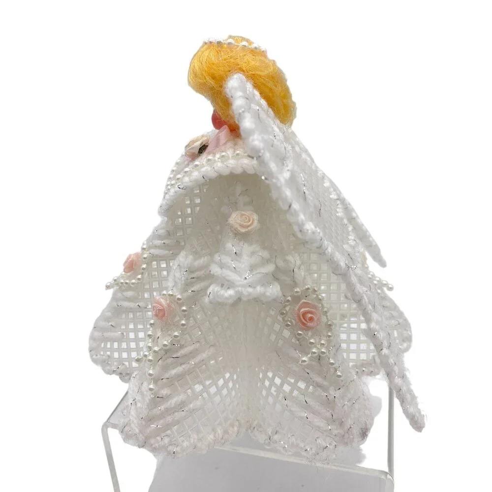 Vintage Handmade Christmas Angel White pink rosettes Blonde rubber face ornament